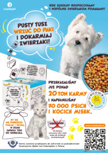 zdjęcie przedstawia plakat akcji charytatywnej "Tusze do paki. Dokarmiaj zwierzaki"